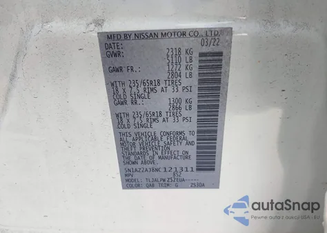 2022 Nissan Murano S Fwd из США, поврежденный, VIN 5N1AZ2AJ8NC121311